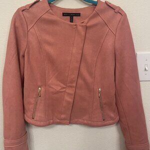 Salmon colored faux suede zip jacket.